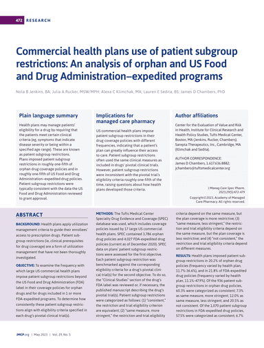 Commercial health plans use of patient subgroup restrictions: an analysis of orphan and US Food and Drug Administration-expedited programs